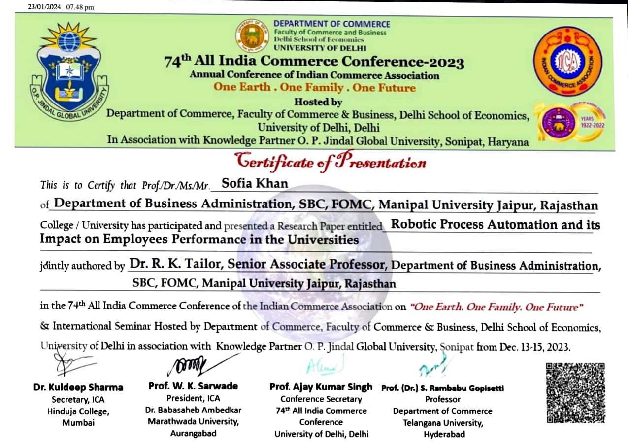 Certificate for Presentation on 'RPA & Employee Performance' at 74th All India Commerce Conference & International Seminar in Dec 2023